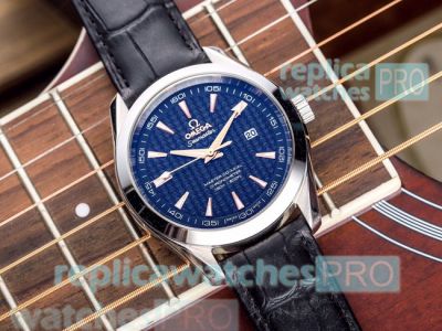 Omega Seamaster Blue Dial Black Leather Strap Replica Watch